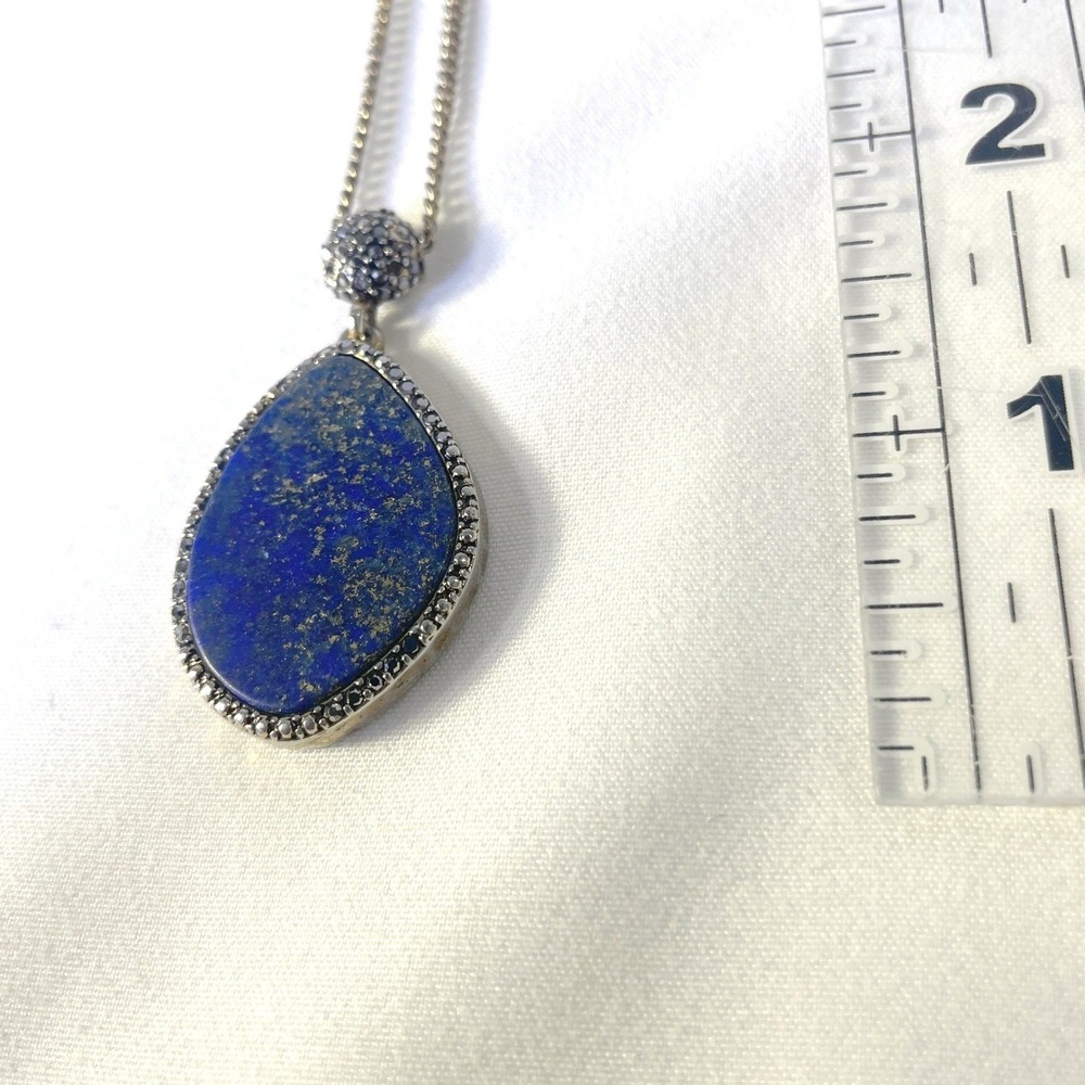 Vintage Lapis Lazuli Teardrop Pendant Necklace Long Chain Blue Gold Fleck Boho - Picture 8 of 16